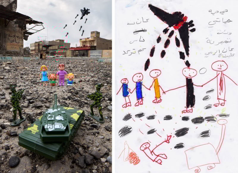A photo on the left shows toy soldiers, a tank, and dolls amid rubble in a destroyed city. On the right, a child’s drawing depicts people, a black plane dropping bombs, and Arabic writing.