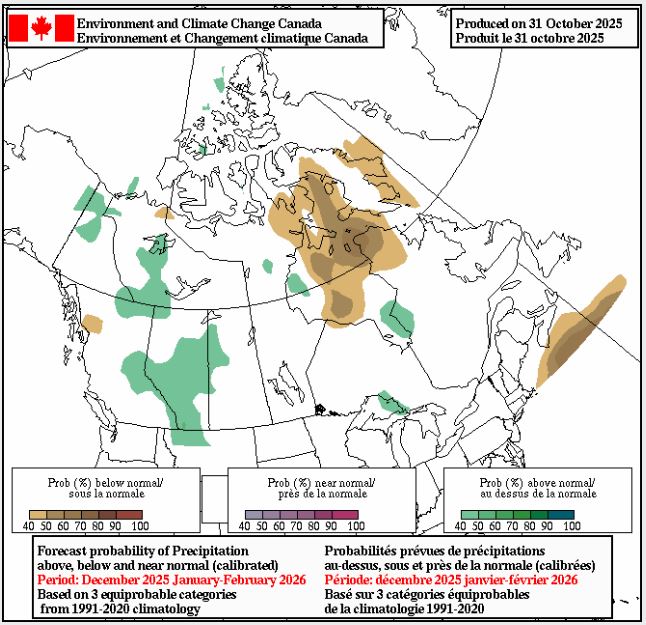 Envrionment Canada's seasonal forecast also predicts higher-than-normal snowfall across much of Alberta this winter.