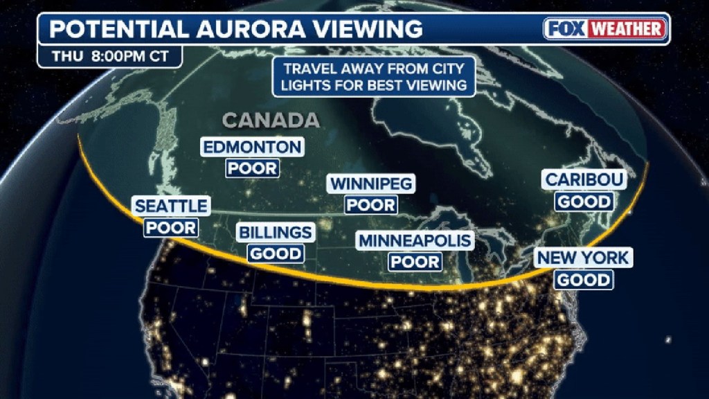 Fox Weather map showing potential aurora viewing for various North American cities.