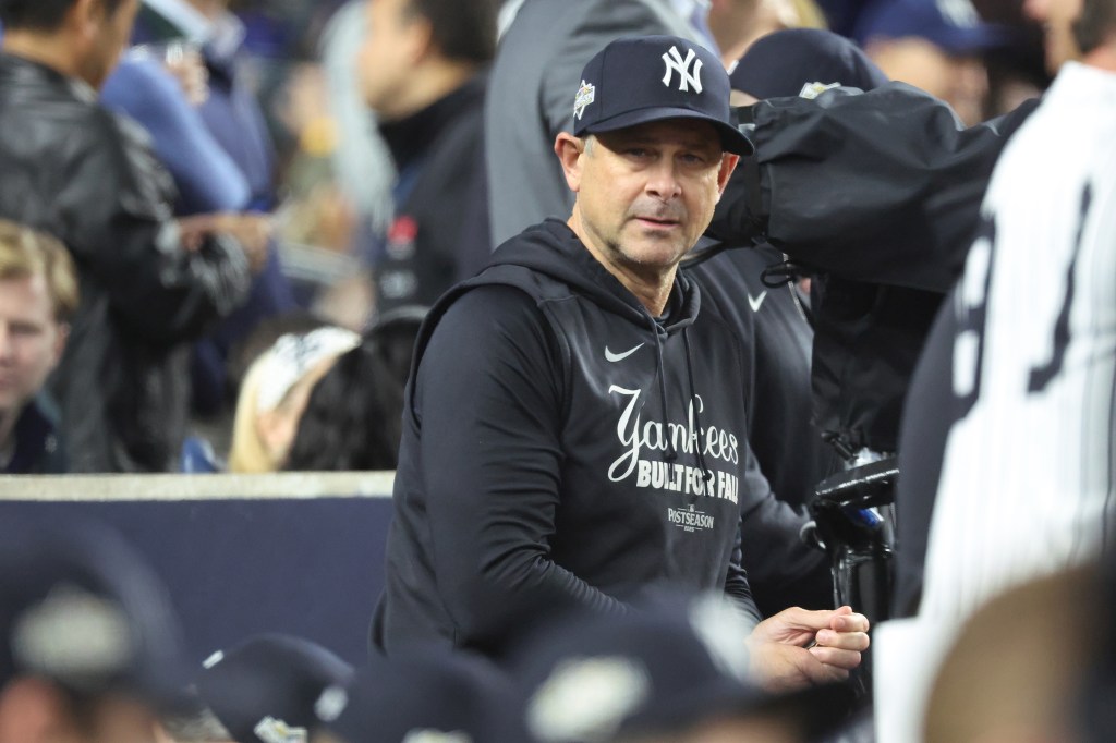 Aaron Boone is pictured during Game 4 of the ALDS against the Blue Jays.
