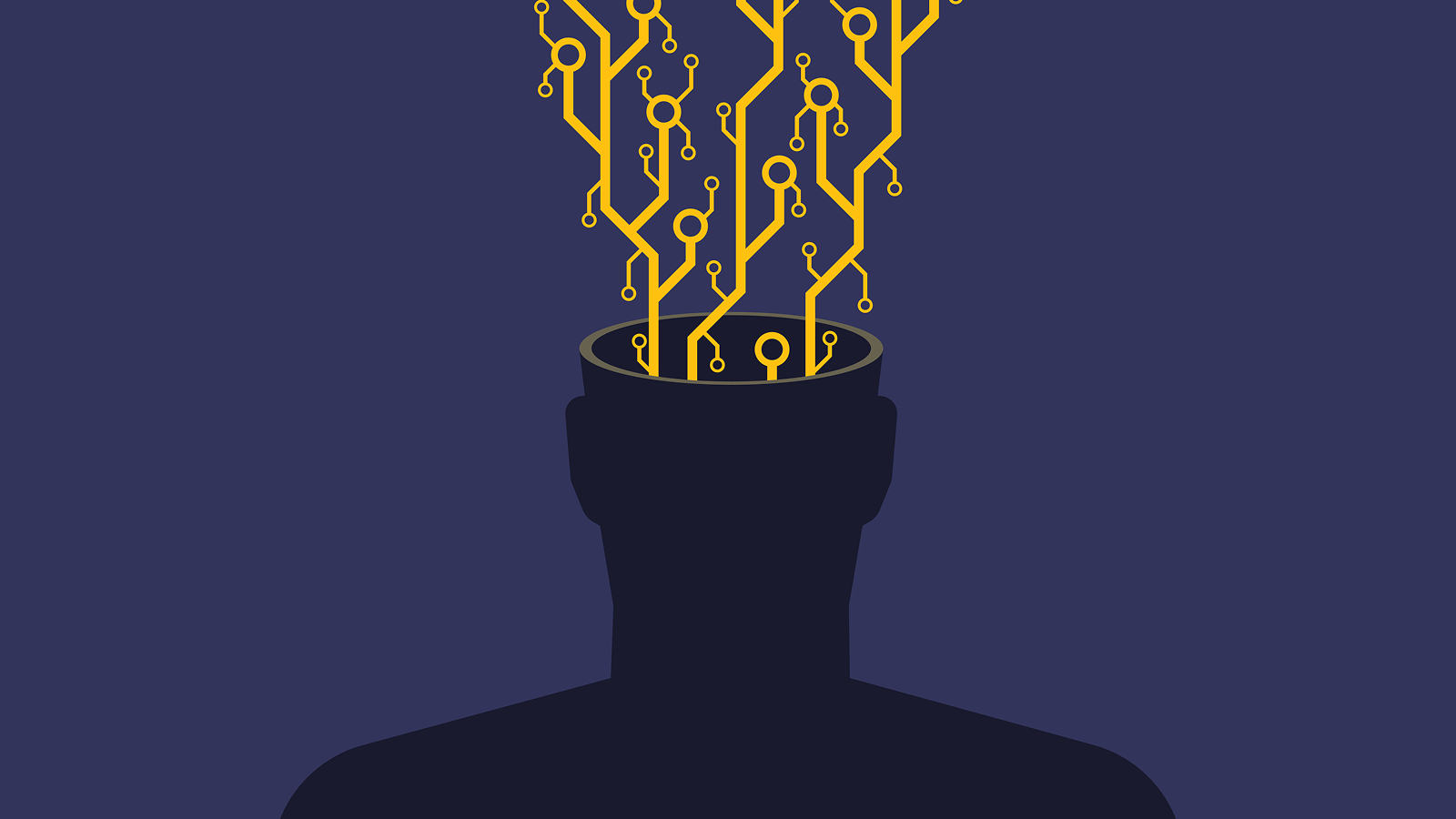 An image of a faceless human silhouette (chest up) with exposed microchip contacts and circuitry erupting from its open head. This visual metaphor explores transhumanism, AI integration, or the erosion of organic thought in the digital age.