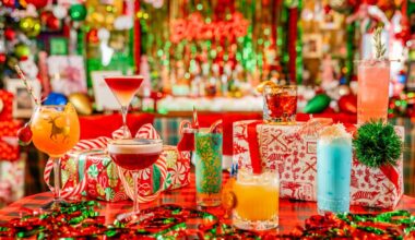 A table of holiday-themed cocktails.