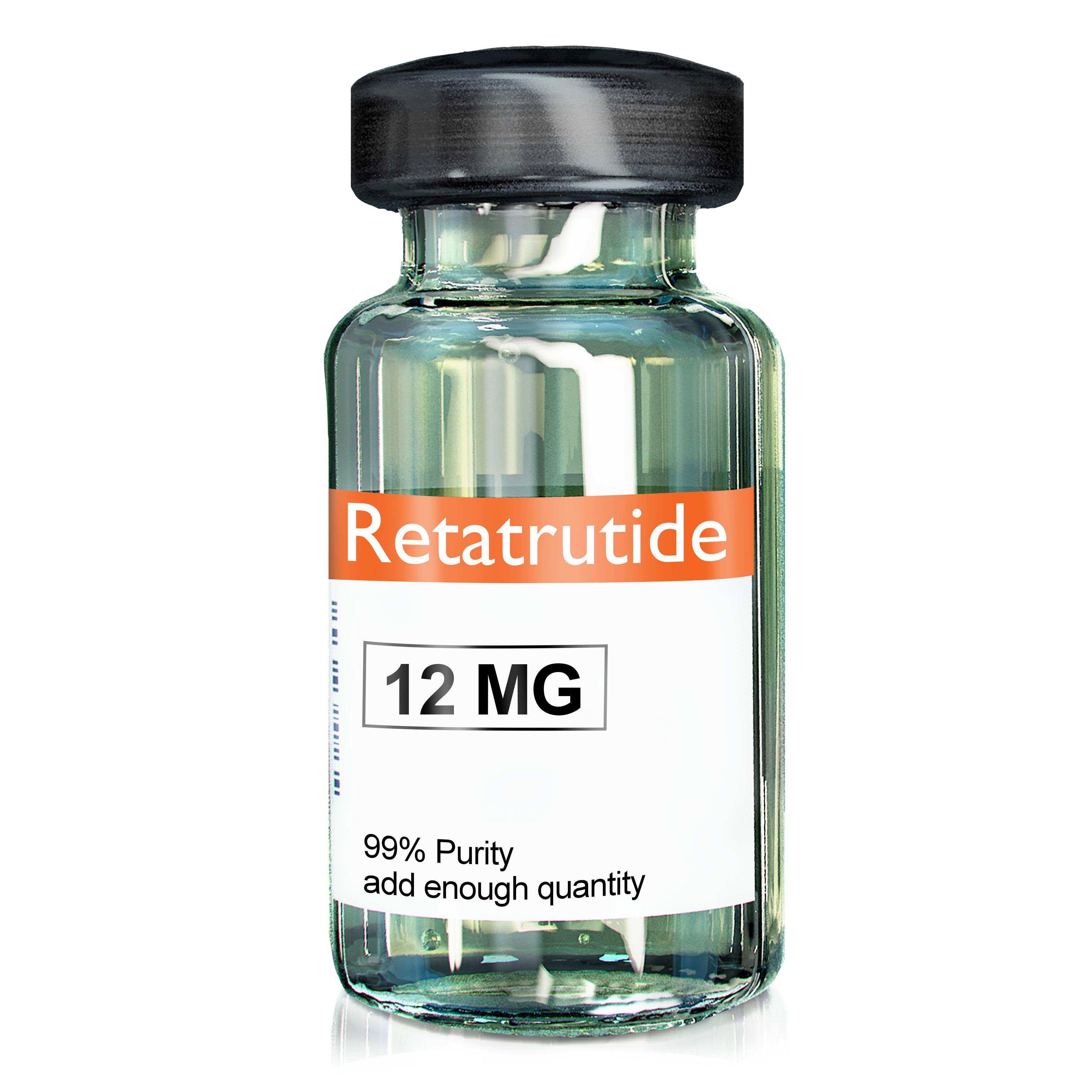 Illustration of a Retatrutide drug vial, containing 12 MG of the experimental obesity treatment.
