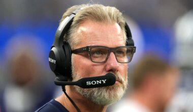 Aug 9, 2025; Inglewood, California, USA; Dallas Cowboys defensive coordinator Matt Eberflus watches from the sidelines against the Los Angeles Rams in the second half at SoFi Stadium. Mandatory Credit: Kirby Lee-Imagn Images