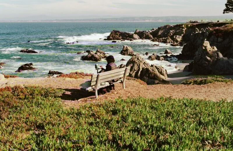 A person in a dark coat sits on a bench facing a rocky shoreline, looking out at the ocean waves under a partly cloudy sky with coastal plants in the foreground.