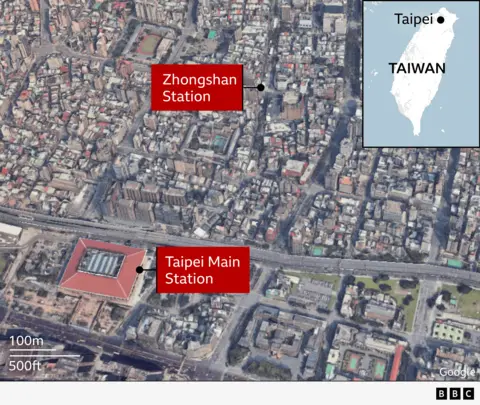 A map showing the relative locations of Taipei Main Station and Zhongshan Station in Taipei, Taiwan
