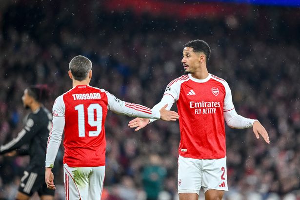 Leandro Trossard and William Saliba durting Arsenal's Champions League win over Bayern Munich