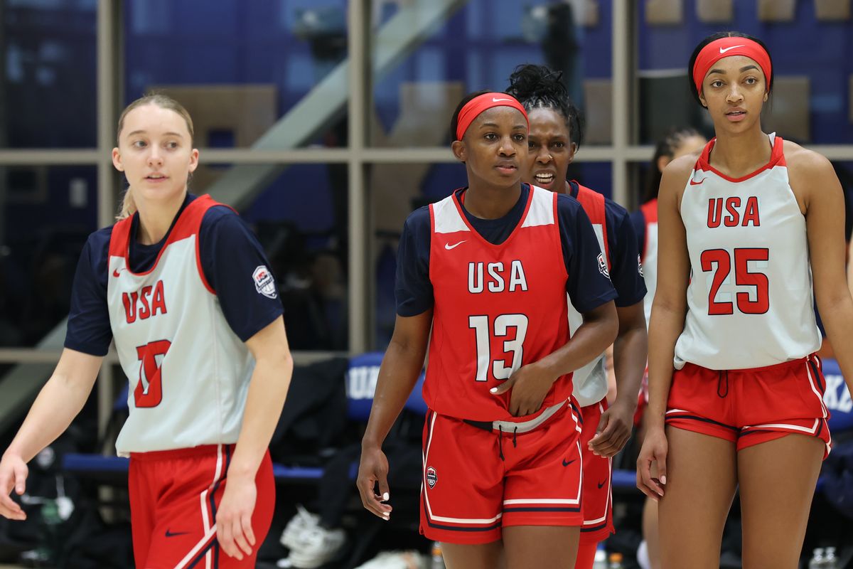 Paige Bueckers, Jackie Young, and Angel Reese during USA camp