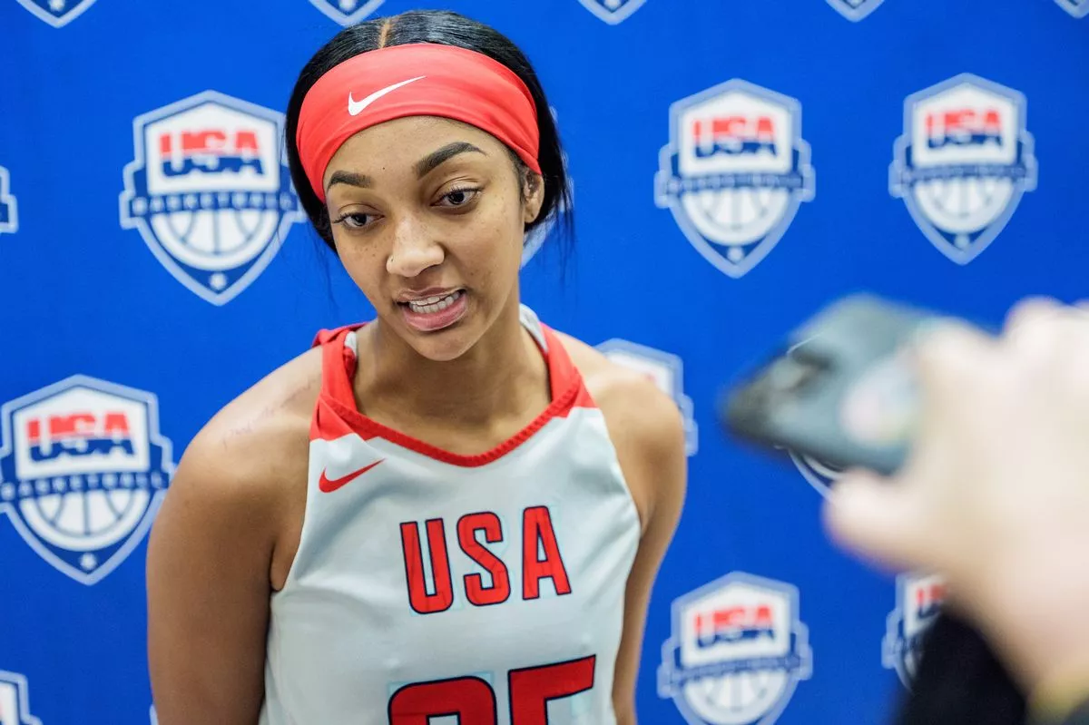 Angel Reese addresses the media during the United States Women's Basketball Team training camp