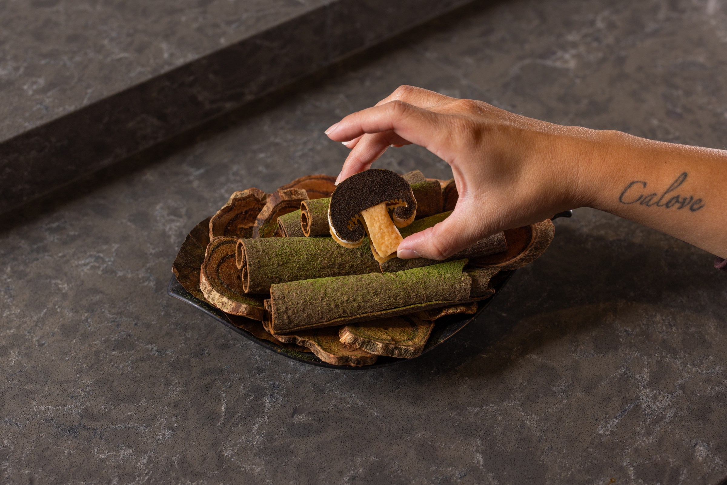 Hand picking up porcini ice cream sandwich, set on a pile of small wood branches.