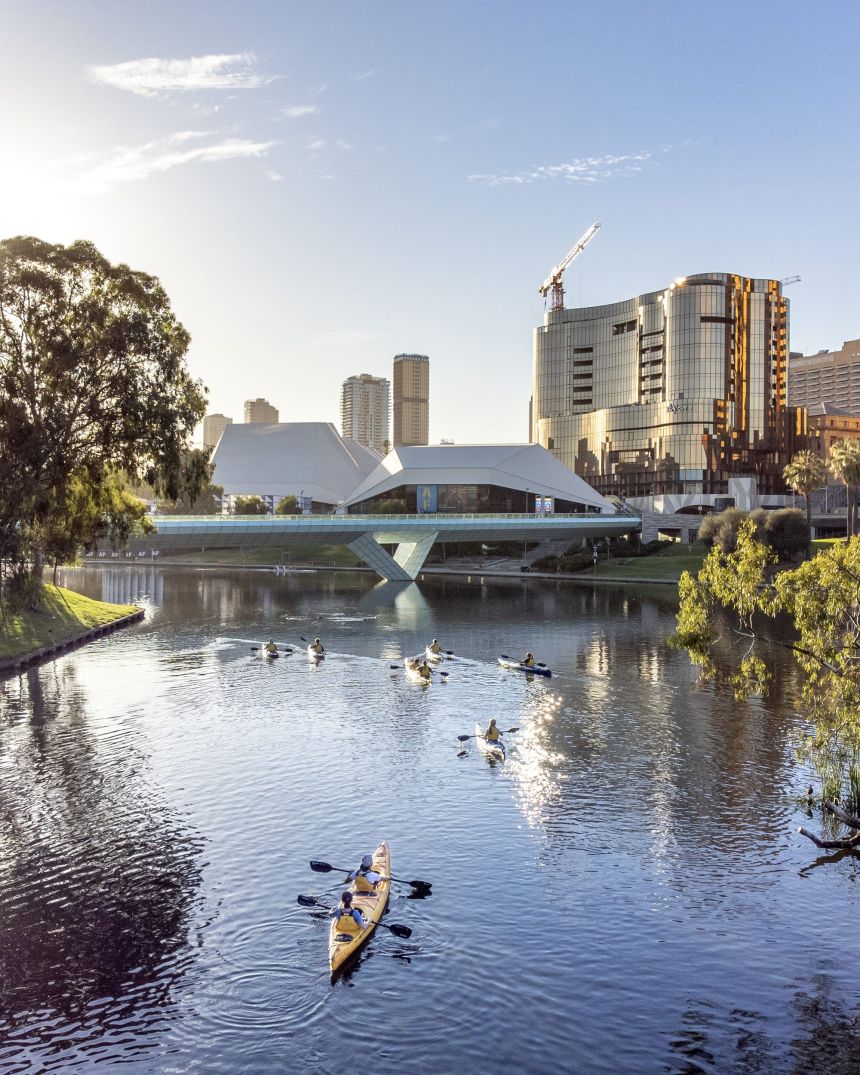Kayakers paddle on the River Torrens in Adelaide.