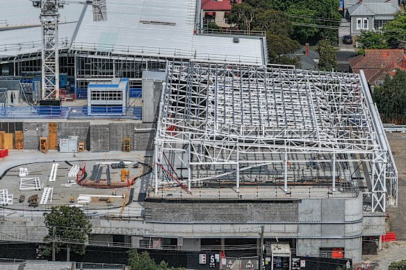 The new steel frame at the Kew Recreation Centre development this month. 