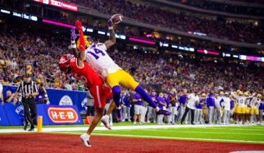 LSU football sophomore tight end Trey’Dez Green (14) catches the ball for a touchdown during LSU’s 38-35 loss against the University of Houston on Saturday, Dec. 27, 2025, at NRG Stadium in Houston, Tx.