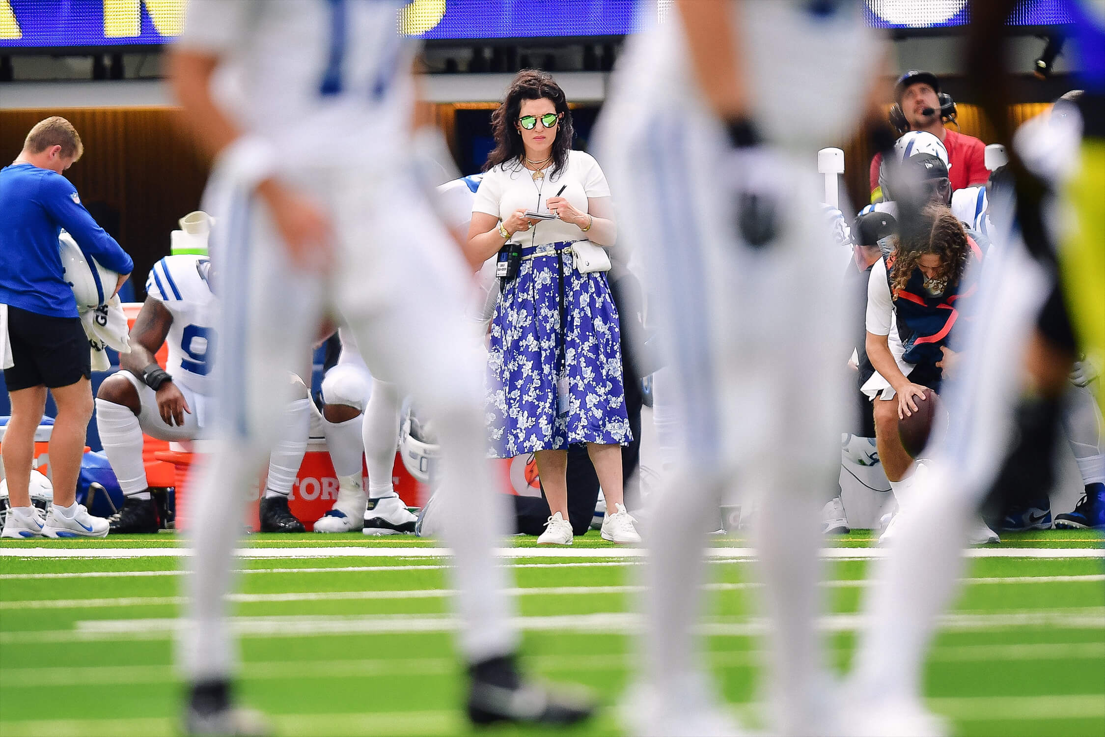 Carlie Irsay-Gordon takes notes during a Colts game.