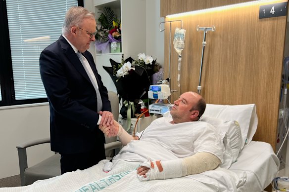 Anthony Albanese meets Bondi hero Ahmed al Ahmed at St George Hospital on Tuesday.