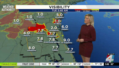 Patchy dense fog reducing visibility ahead of stormy conditions