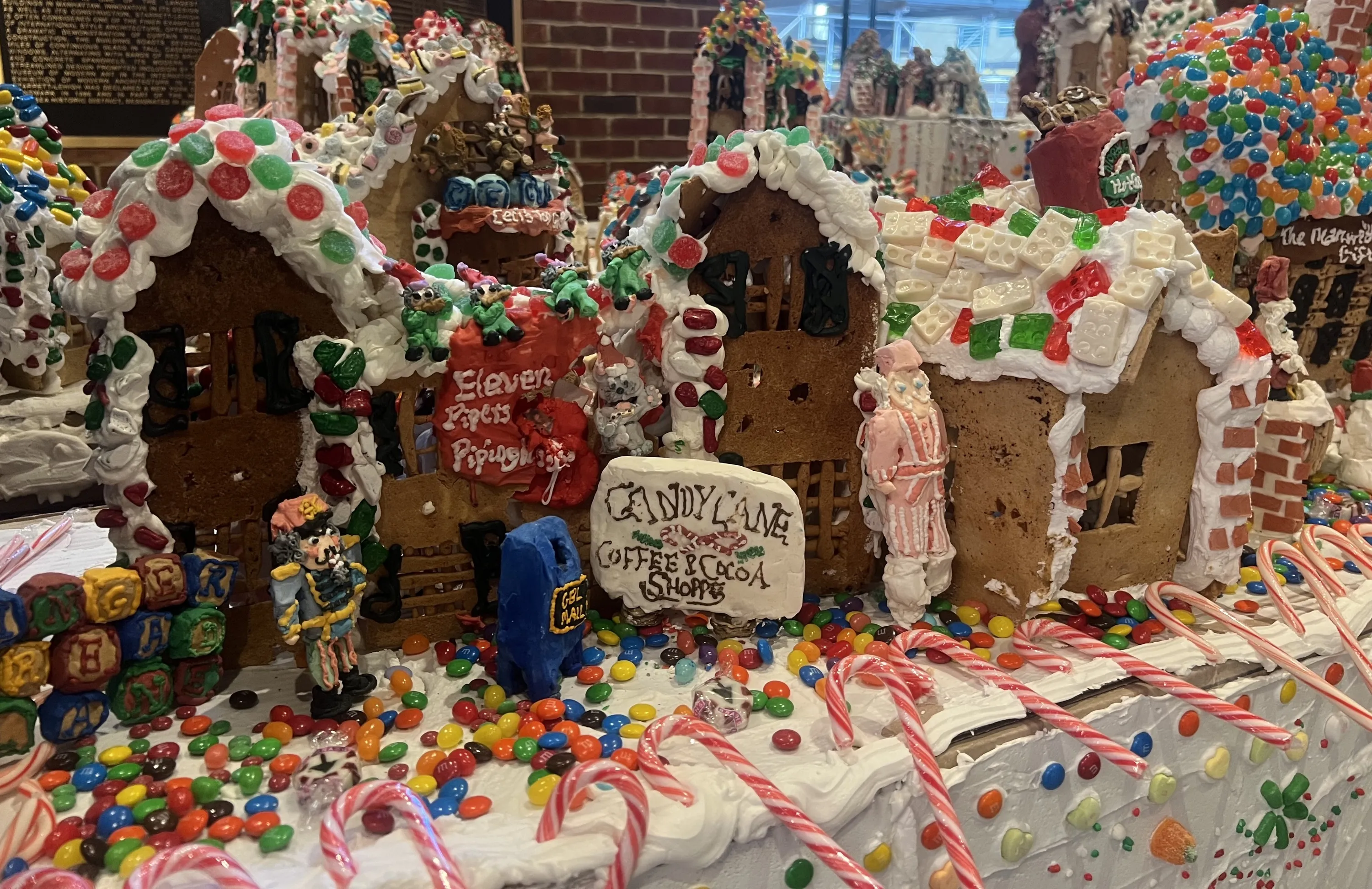 A gingerbread house city display
