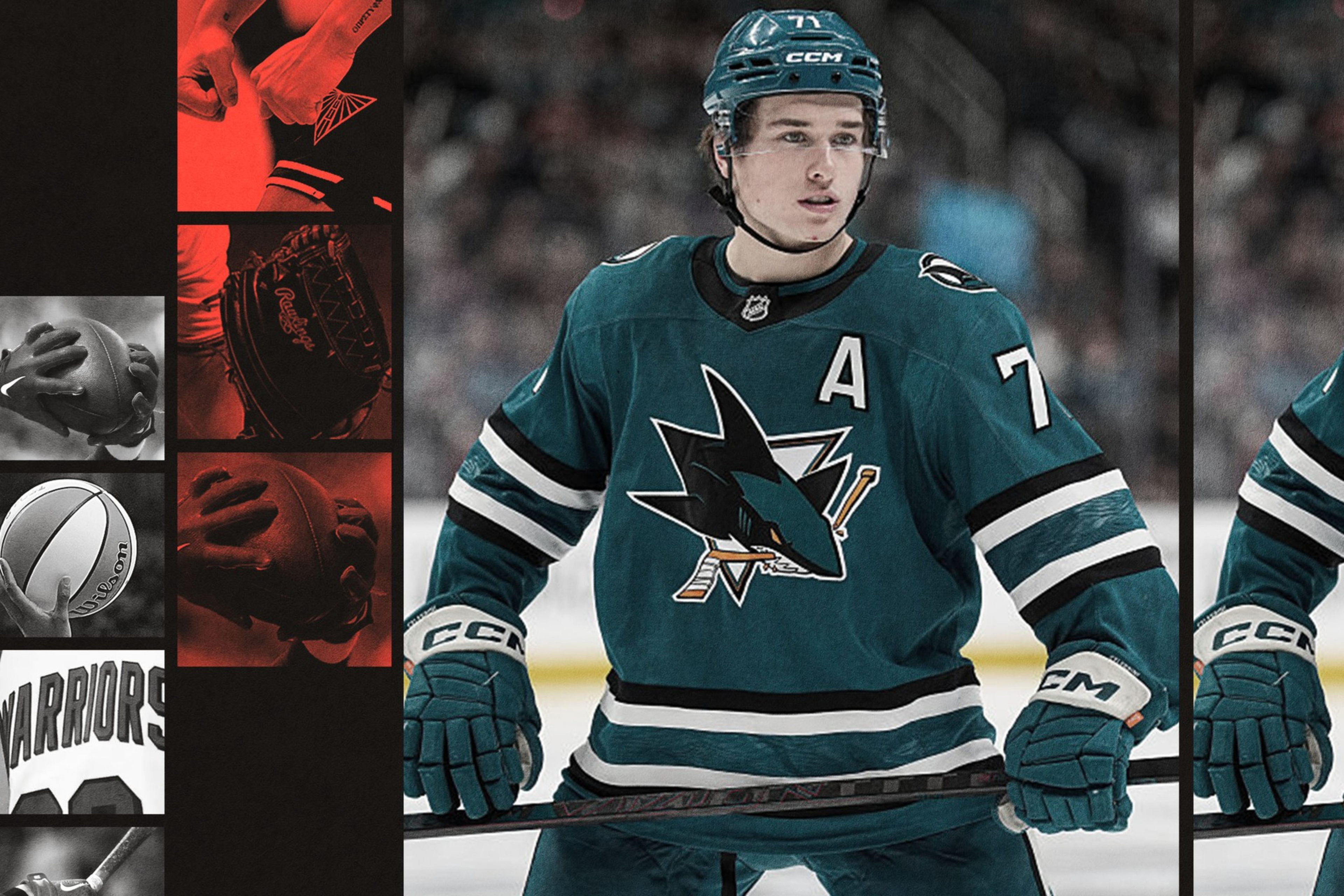 A hockey player wearing a teal San Jose Sharks jersey with an "A" and number 71 stands on ice holding a hockey stick.