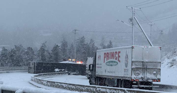 Highway 1 east of Golden, B.C. closed due to crash, snowy weather