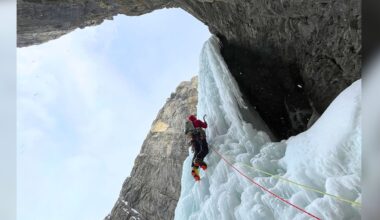 Emilie Grenier climbs the crux pitch of 'Polar Circus' (WI 5; 700m), Canadian Rockies, wearing the new La Sportiva G-Summit boot.
