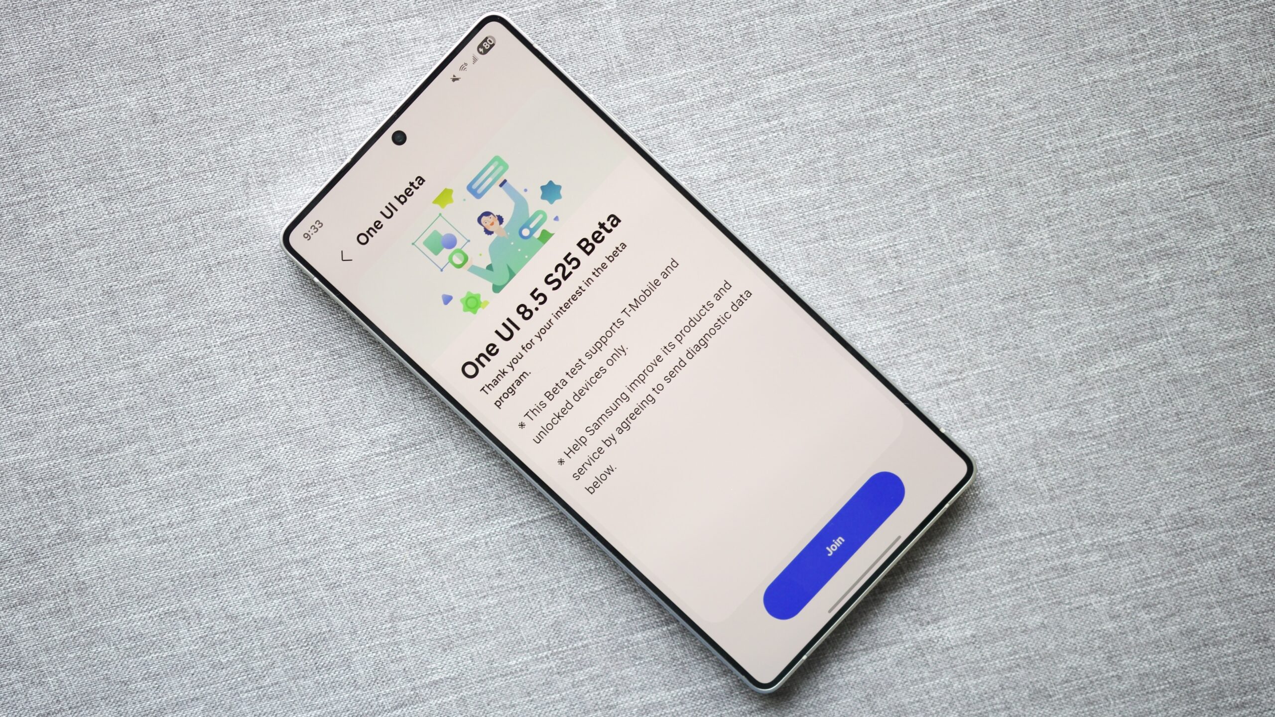 A Samsung phone showing the sign-up page for the One UI 8.5 beta.