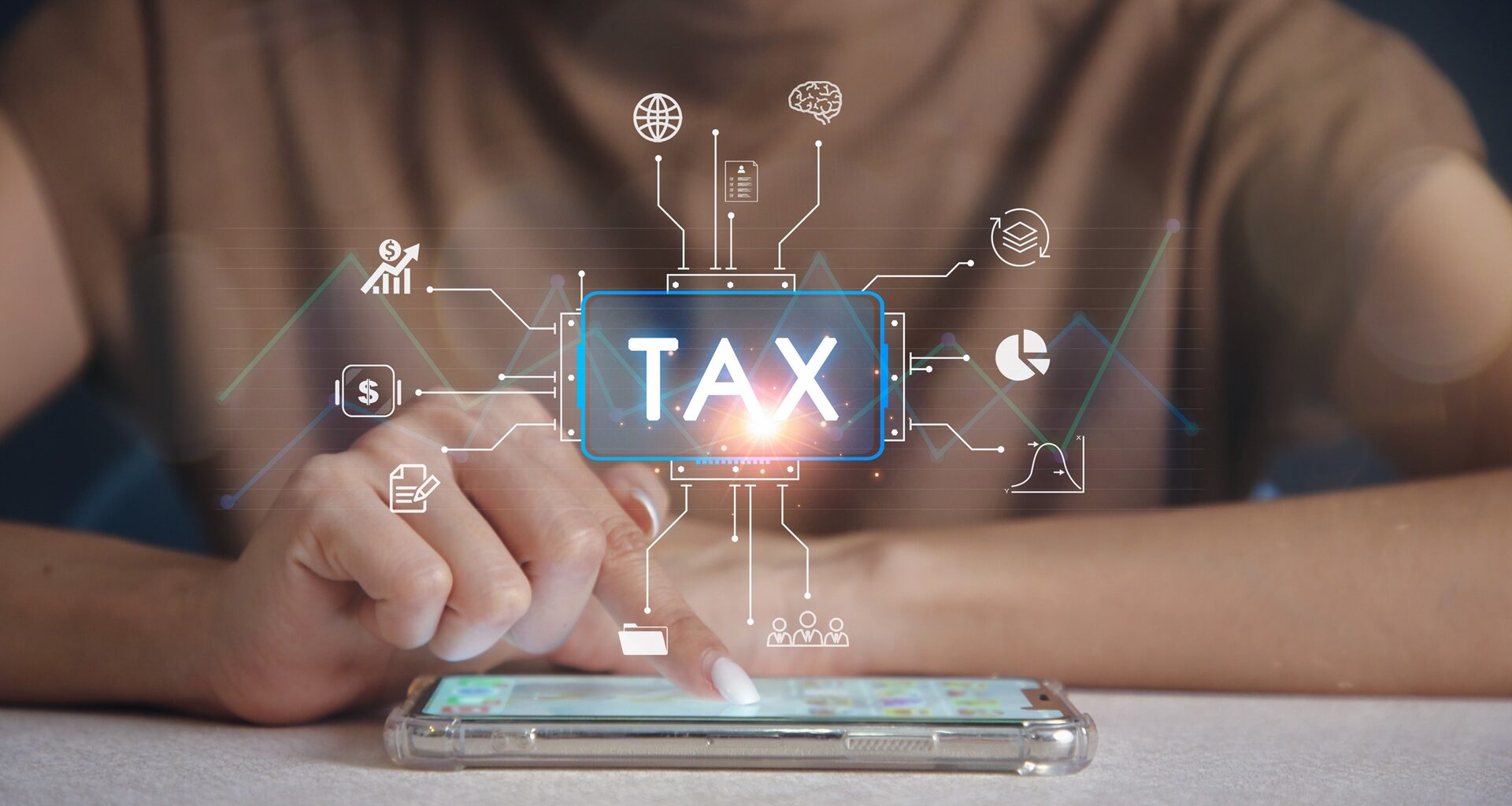Finger touching screen on smartphone scan Online personal income tax icon for tax payment. Government data analysis document. stock photo