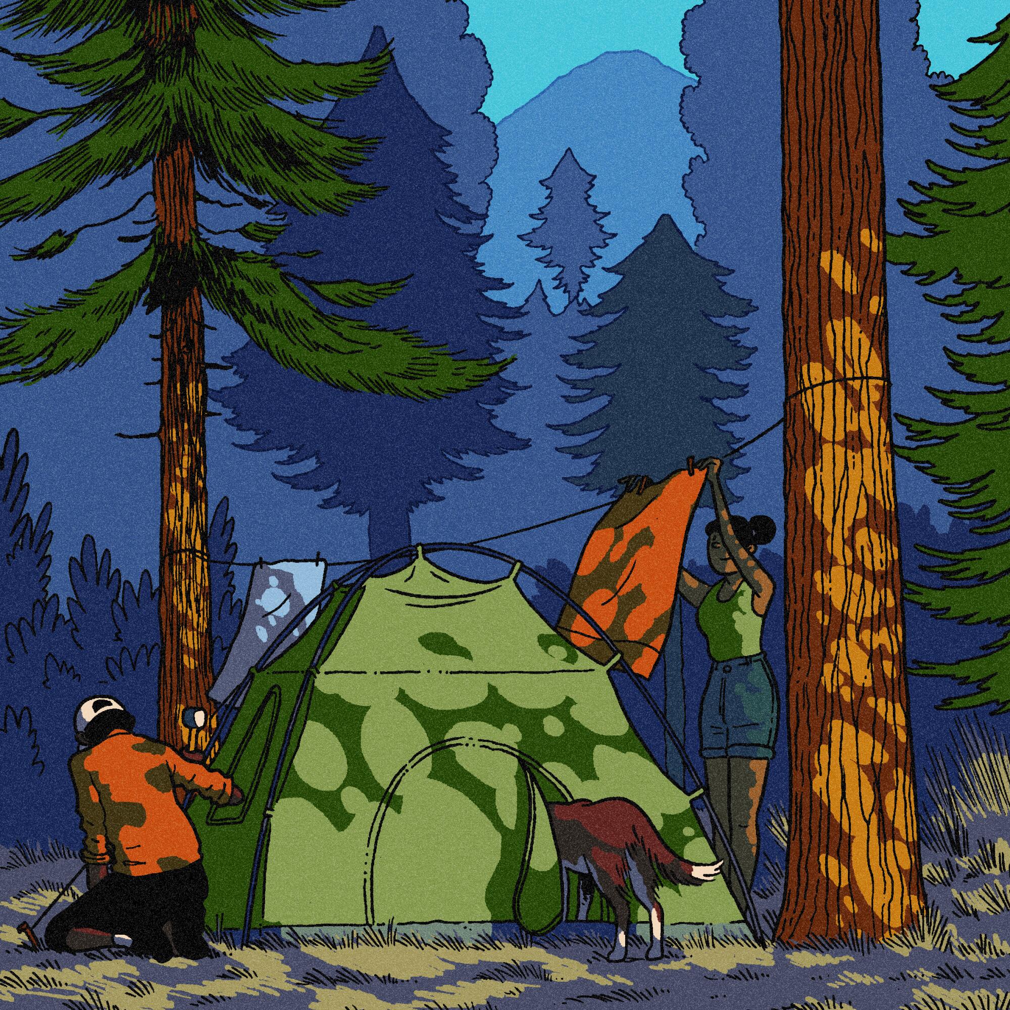 Forest scene illustration with a couple putting together a campground tent with their dog looking inside the tent flap