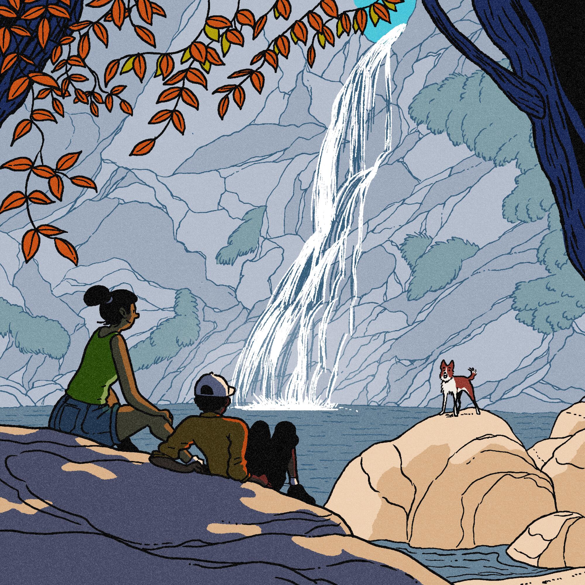 Waterfall forest scene illustration with a couple looking on as their dog plays on a nearby rock