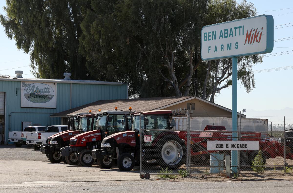 The sign in front of Mike Abatti's farm shop, bearing the name of his late father, in El Centro.
