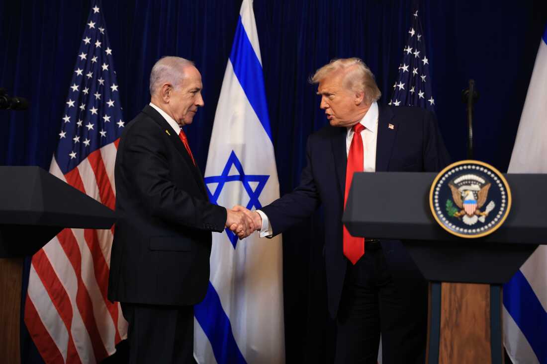President Trump shakes hands with Israeli Prime Minister Benjamin Netanyahu during a press conference at his Mar-a-Lago club on Dec. 29 in Palm Beach, Fla. 