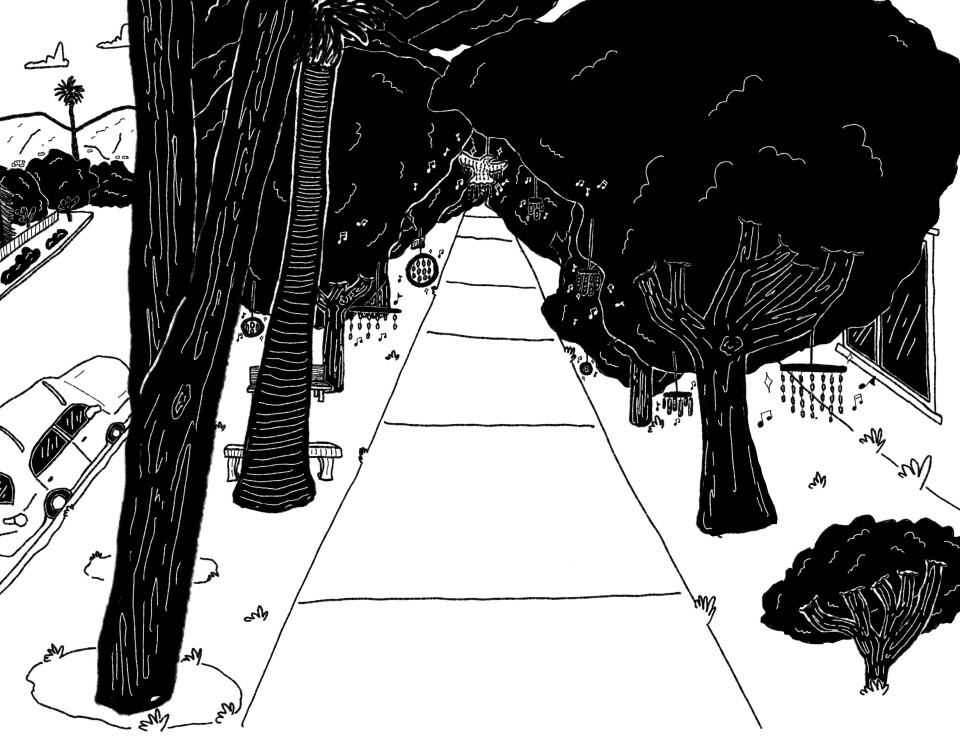 An illustration of the front view of a sidewalk where a tree on the right side creates a tunnel with its branches. Windchimes sparkle from the tree branches as musical notes float near them. 