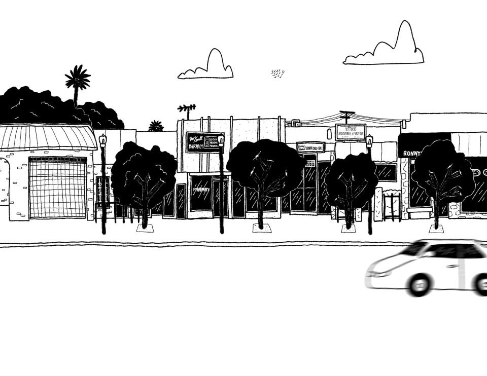 An illustration showing a panoramic view of storefronts lined up next to each other.