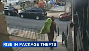 Porch 'Grinch' loads packages from porch into green bag as Philadelphia police warn of rising thefts