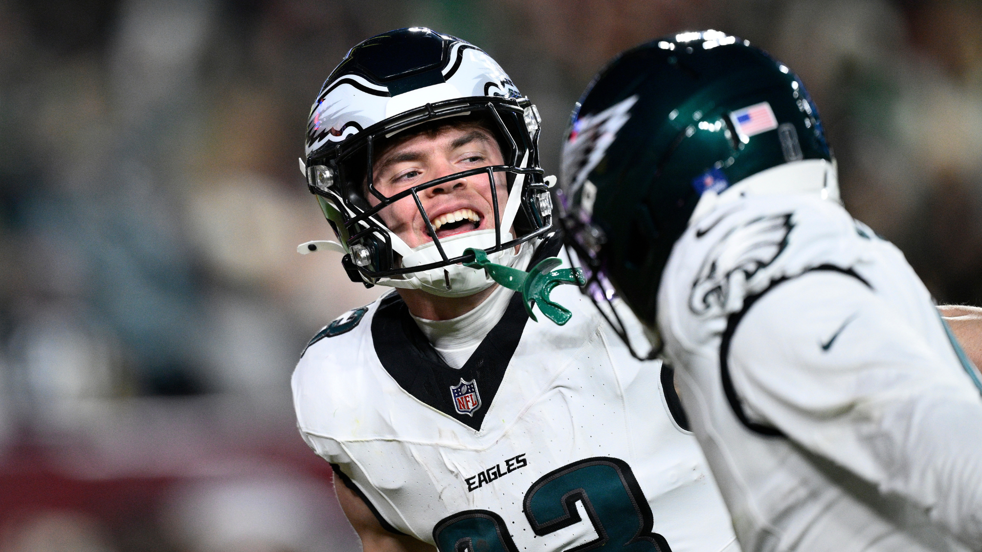 Philadelphia Eagles cornerback Cooper Dejean (33) celebrates after an interception against the Washington Commanders, Saturday, Dec. 20, 2025, in Landover, Md.