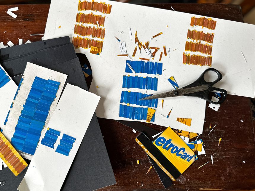 Parts of MetroCards used by New York City artist Thomas McKean to create sculptures and mosaics are seen in Manhattan, New York, on January 27, 2023.