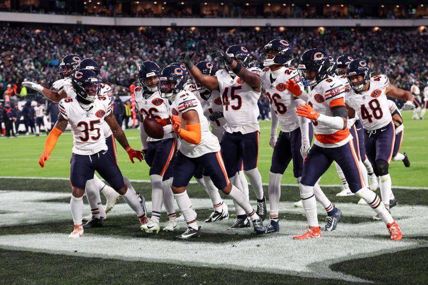 The Bears defense celebrates after an interception against the Eagles last month. The opportunistic defense has been a big part of the team's success this season.