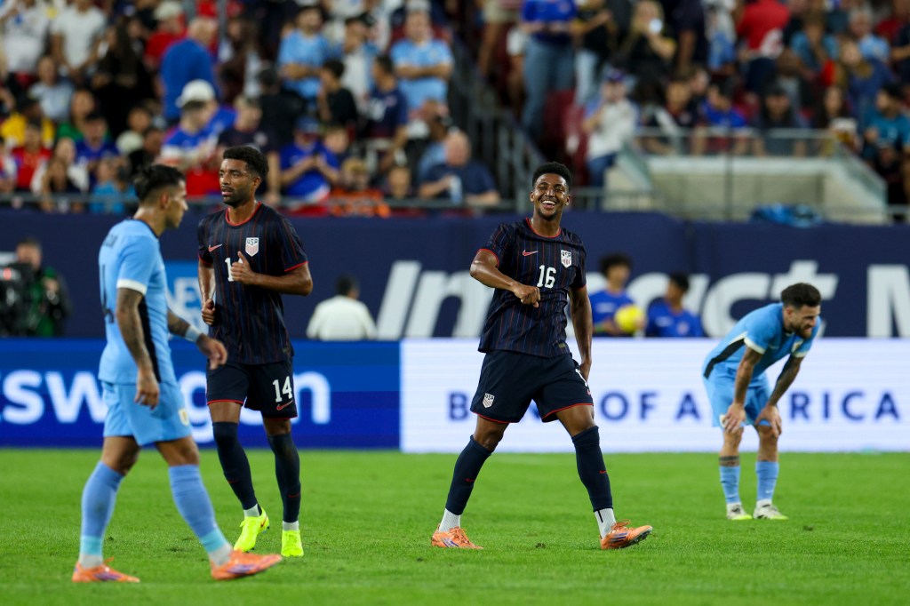 United States defender Alex Freeman (16) reacts after scoring a goal against Uruguay during the first half in an international friendly at Raymond James Stadium.