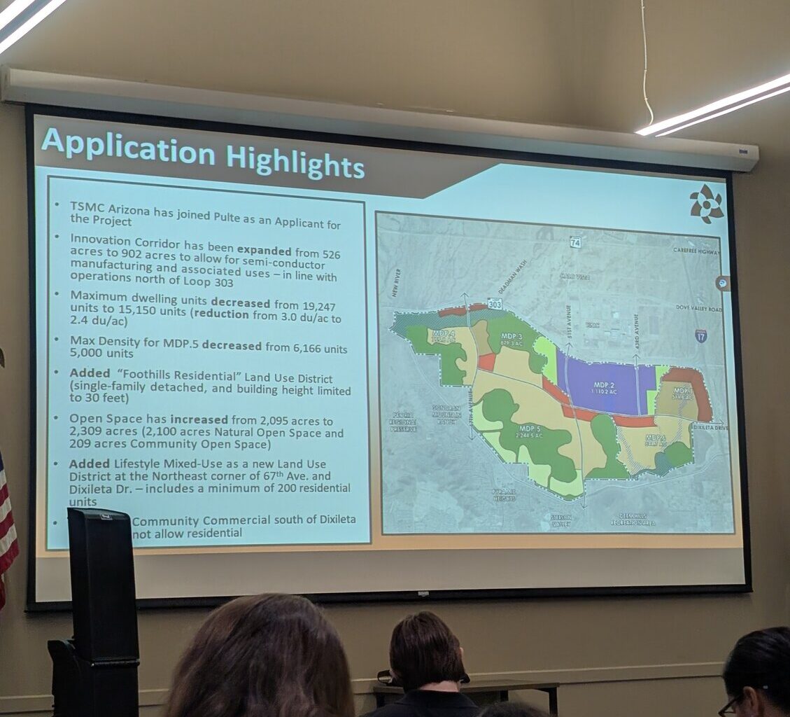 The adjusted master plan to the NorthPark project is shown at the North Gateway Village Planning Commission meeting Nov. 14, 2025 in Phoenix. The Phoenix Planning Commission voted Dec. 4 to approve the rezoning request and move it to the Phoenix City Council for final approval. (Independent Newsmedia/Jeff Wendt)