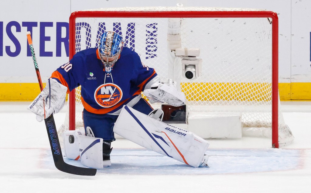 New York Islanders goaltender Ilya Sorokin (30) makes a stop during the first period when the New York Islanders played the Tuesday, December 9, 2025 at UBS Arena in Elmont, NY. 