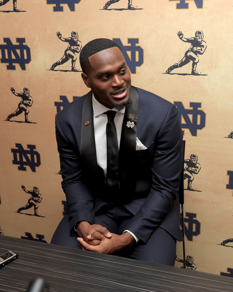 Notre Dame Fighting Irish running back Jeremiyah Love speaks to the media during a press conference at the New York Marriott Marquis before the presentation of the Heisman trophy.