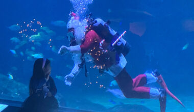 Scuba Santa visits with children at the Camden Adventure Aquarium.