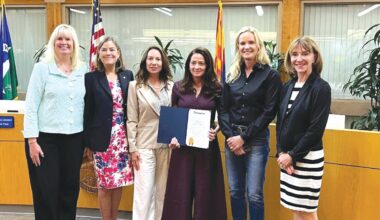 Court Appointed Special Advocates, or CASA, is one of the groups that has benefited from the town&rsquo;s community services fund, On April 10, the Paradise Valley Town Council issued a proclamation recognizing CASA. From left to right, Council Members Julie Pace, Karen Liepmann, Christine Labelle, CASA representative Denise Labelle-Serro, Vice Mayor Ellen Andeen-Keller and Council Member Anna Thomasson.