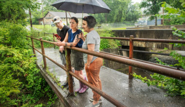 Yvonne Sorovacu (right), Hannah Hohman (center) and Jay Beal monitor a creek for signs of contamination from the Westmoreland Sanitary Landfill in Belle Vernon, Pa.