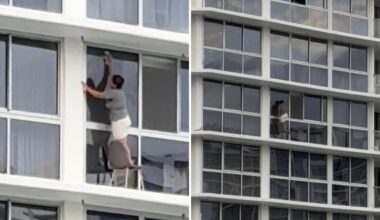 Shocking video of Gold Coast woman cleaning the windows of her 16th floor apartment goes viral