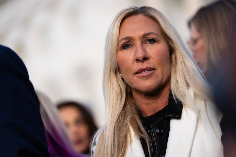 WASHINGTON, DC - NOVEMBER 18: Rep. Marjorie Taylor Greene, pictured, R-Ga, Rep. Ro Khanna, D-Calif., and Rep. Thomas Massie, R-Ky held a press conference outside the U.S. Capitol, on Tuesday, November 18, 2025, with victims of convicted sex offender Jeffrey Epstein as the House prepares to vote to release records related to him.
