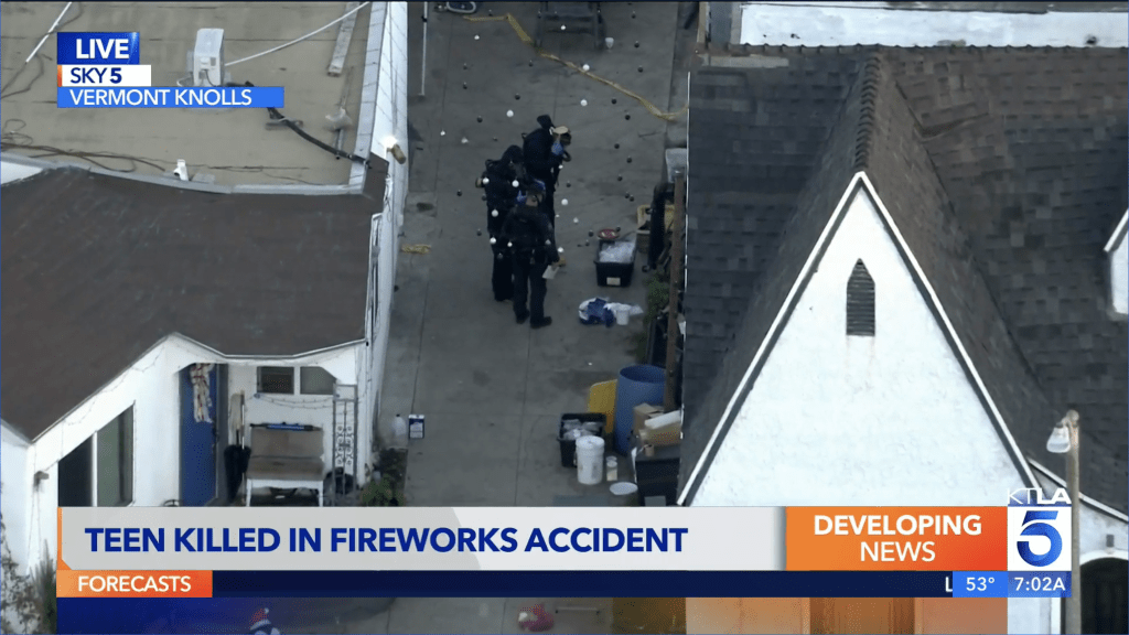 Aerial view of police investigating a backyard with debris from fireworks, with news overlay "TEEN KILLED IN FIREWORKS ACCIDENT".