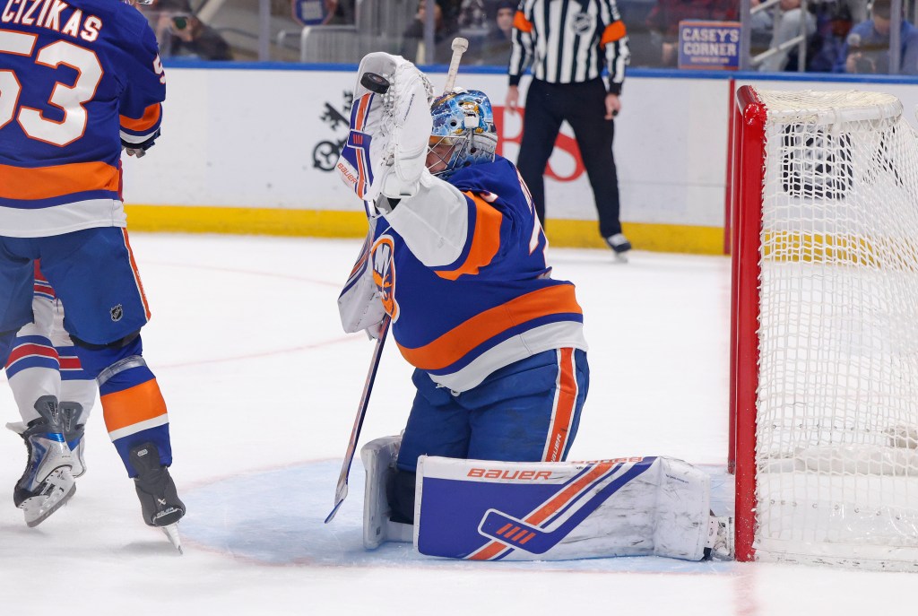 David Rittich makes a save during the Islanders-Rangers game on Dec. 27, 2025. 