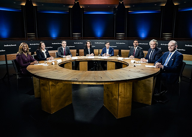 President James T. Harris (far right) during The New York Times Dealbook Summit on December 3. The panel was moderated by journalist Jodi Kantor (center). Credit: Nicole Craine, The New York Times