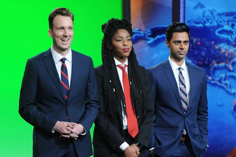 Brad Barket/Getty From left: Jordan Klepper, Jessica Williams and Hasan Minhaj on The Daily Show in 2015