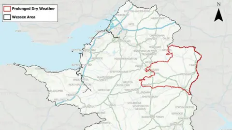 Environment Agency A map showing the West of England area. There is a black outline showing the Wessex area, and a portion of that outlined in red which shows the parts of Wiltshire which are still in prolonged dry weather status. 